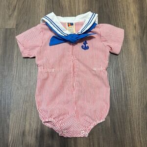 Vintage Carters Red Striped‎ Sailor Collar One Piece Romper 12 Months
